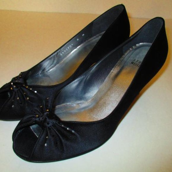 **Stuart Weitzman Black Peau De Soie Peep Toe Tonal Rhinestone Accent Pumps - Picture 4 of 7